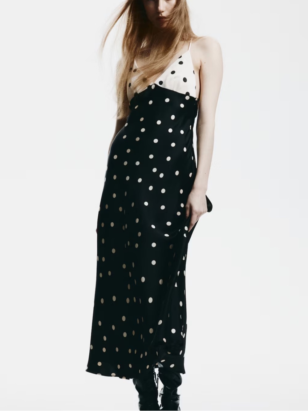 H&M Black and White Polka Dot Satin Slip Maxi Dress